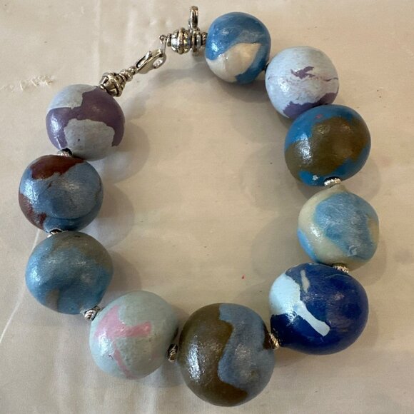 Handmade Beaded Bracelet Multicolor Painted Ceramic Beads & Charm Chunky Artsy - Picture 3 of 4